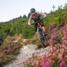 Dyn yn reidio beic mynydd i lawr ochr bryn.