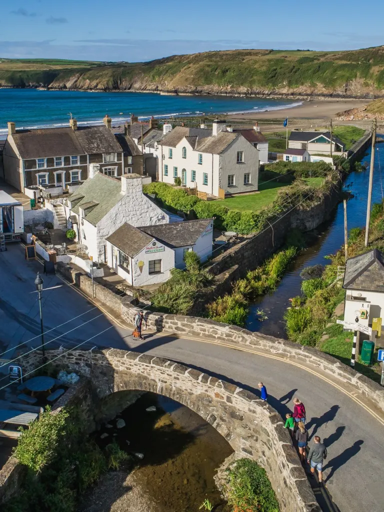 Aerial view of a seaside village.