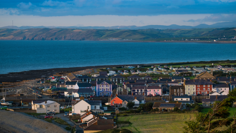Aberaeron overlooking the sea and mountains.