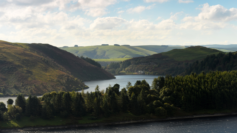 Golygfa o Lyn Clywedog rhwng bryniau'r Canolbarth.