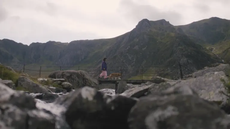 Lisa Jên yn mynd â'i chi am dro dros bont ar lwybr cerdded Cwm Idwal