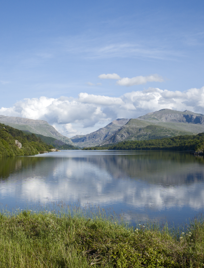 Llyn mawr wedi'i amgylchynu gan laswellt a mynyddoedd yn y pellter