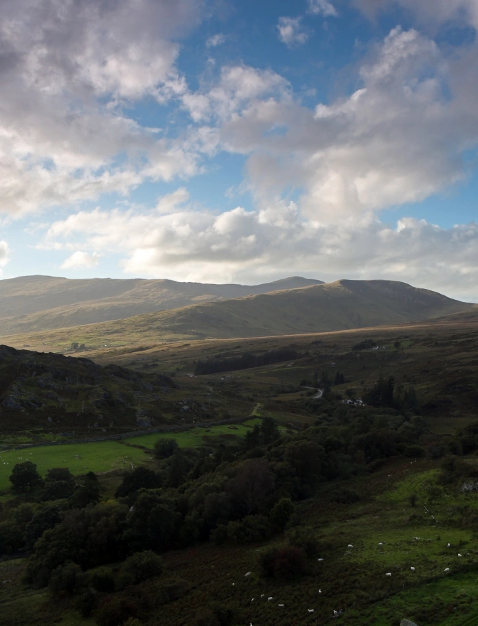 Dyffryn gwyrdd llydan gyda mynyddoedd yn y cefndir.