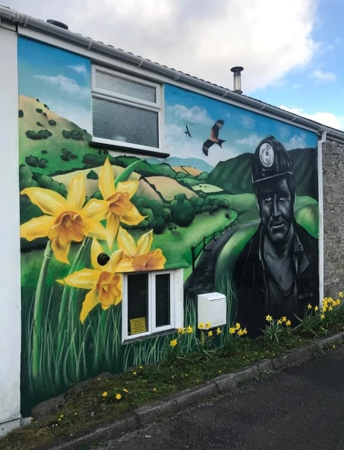 Golygfa allanol o furlun ar gefn y bwthyn yn darlunio glöwr, cenhinen Bedr a bryniau gwyrdd tonnog.