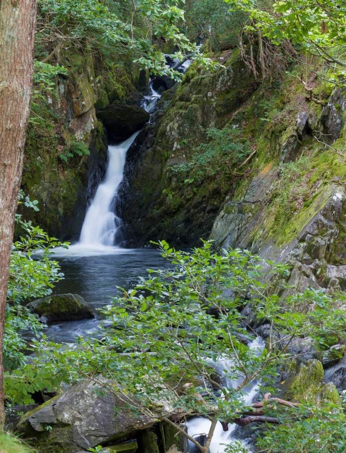 Rhaeadr gyda gwyrddlesni yn y blaendir.