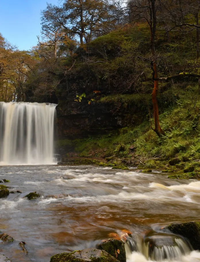 Rhaeadr Sgwd yr Eira gyda choed yn y cefndir.