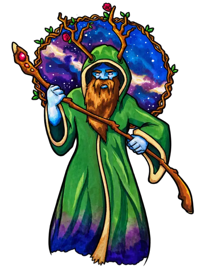 Dyn hudolus â chroen glas mewn côt werdd, yn dal ffon bren wedi'i haddurno â gemau. Mae'n sefyll o flaen halo mawr o fieri, gyda'r Llwybr Llaethog yn disgleirio yn y cefndir.