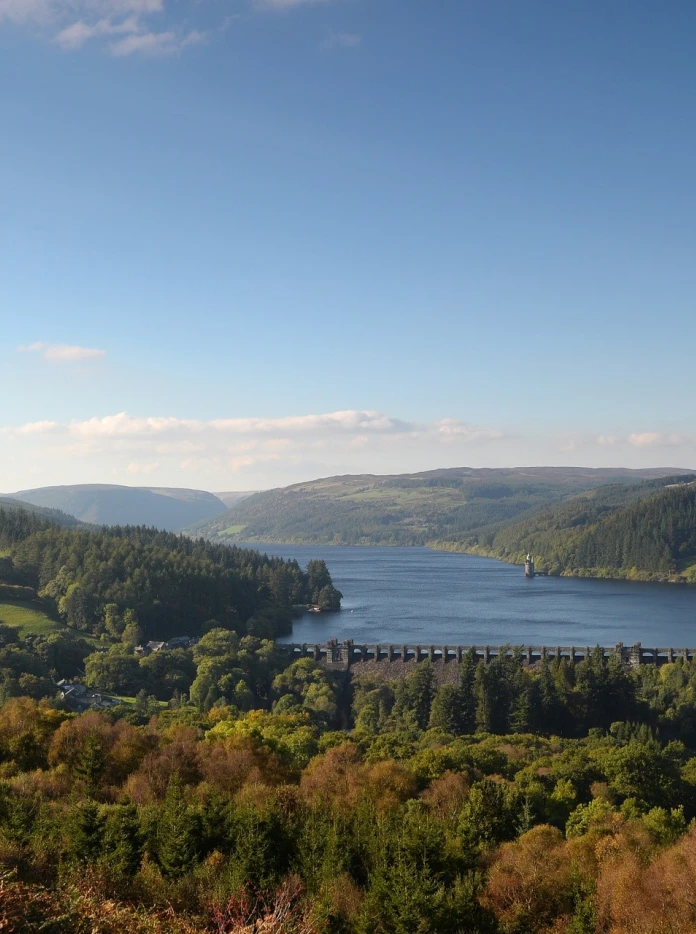 Edrych i lawr ar Lyn Efyrnwy, y coed a'r bryniau
