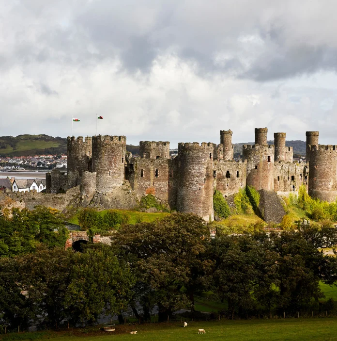 Castell Conwy (Conwy Castle) taken with Welsh flags taken from a hill a few fields away.