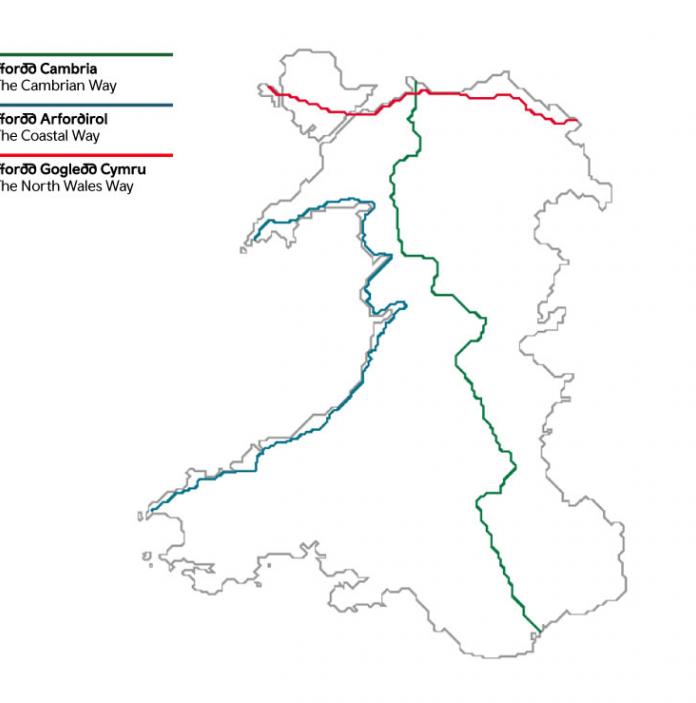 Map yn dangos llwybrau Ffordd Cymru