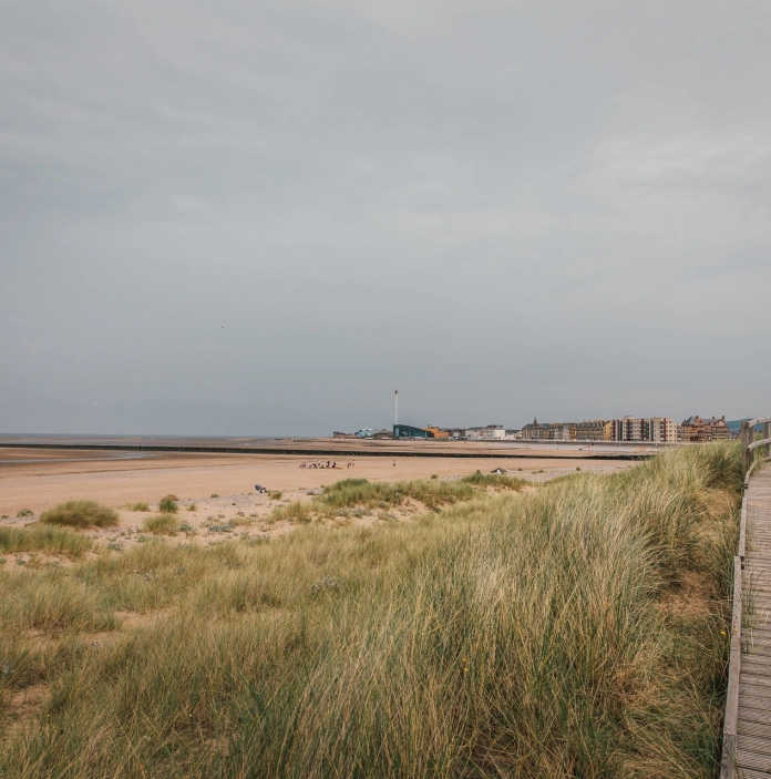 Traeth tywodlyd gyda llwybr pren eang yn y twyni.