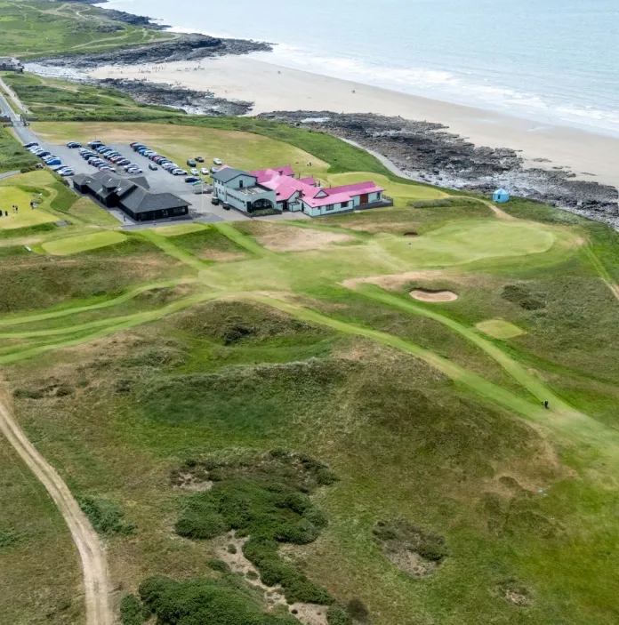 aerial view of Royal Porthcawl Golf Club and beach.