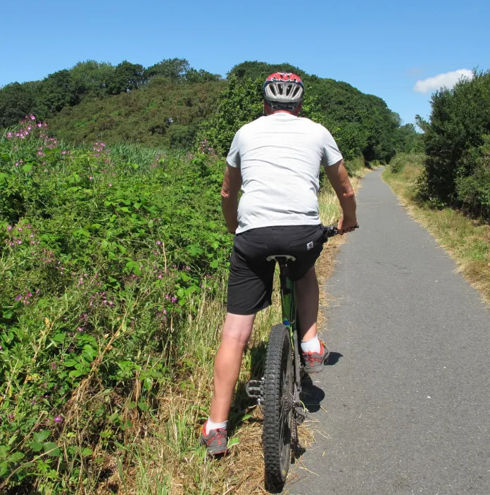 Beiciwr ar lwybr gyda llystyfiant a llwyni ar bob ochr, ar ddiwrnod heulog.