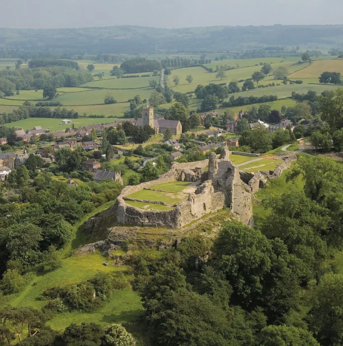 Ariel image of castle ruins on a hill