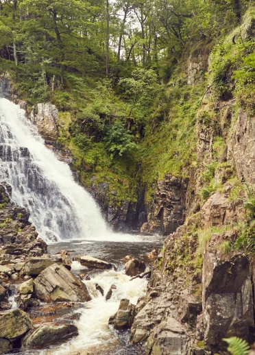 Rhaeadr â chreigiau a gwyrddni o’i amgylch.