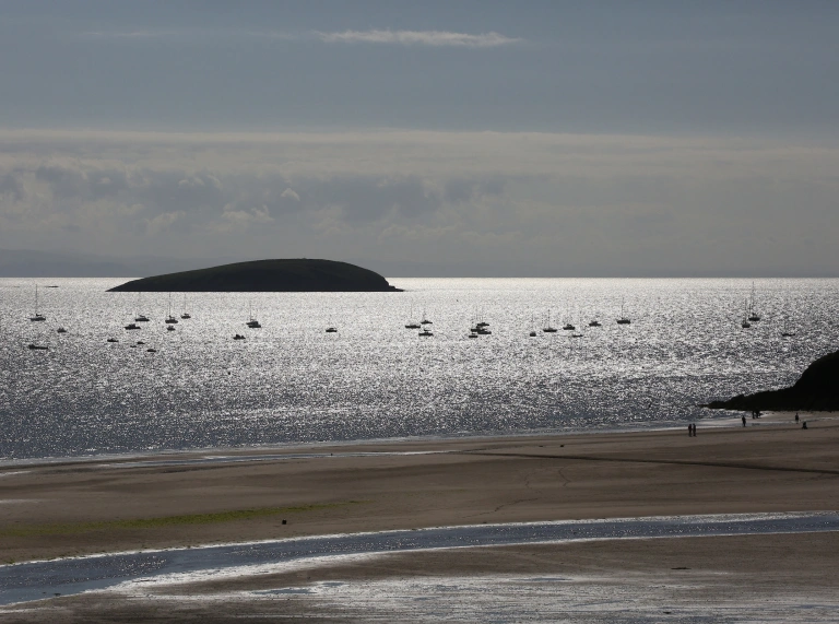 Alt text: Y môr yn y gwyll, gydag ynys fach ac adar.