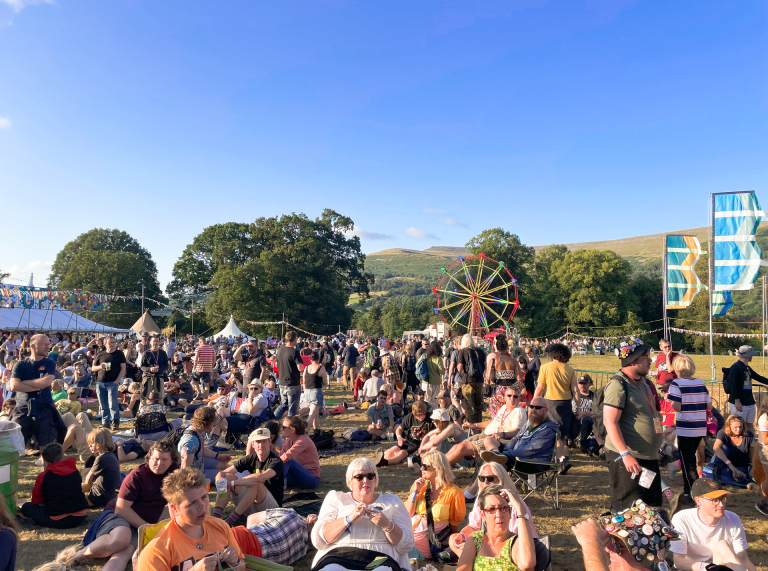 A crowd of people sitting on the grass at the festival