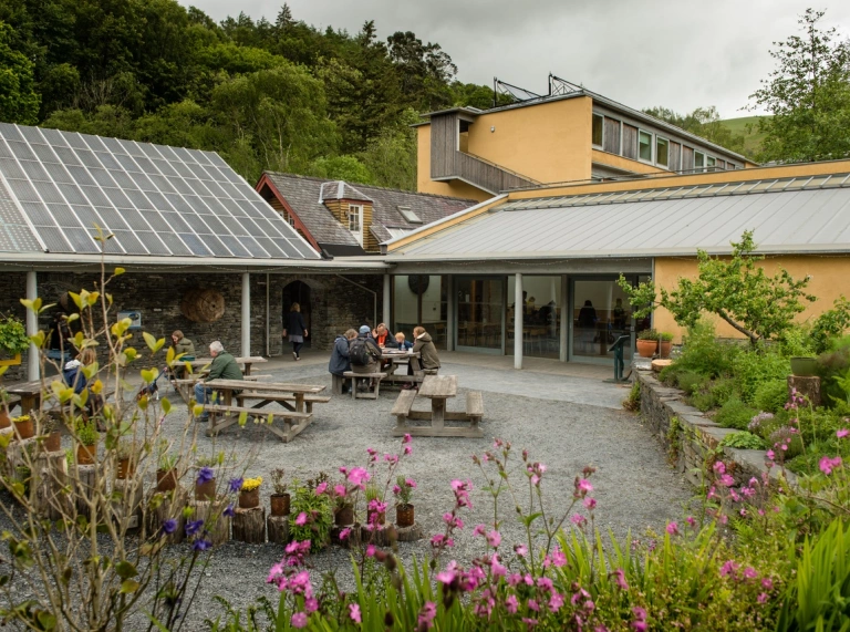 Pobl yn eistedd y tu allan i adeilad ar fyrddau picnic gyda blodau o’u hamgylch.