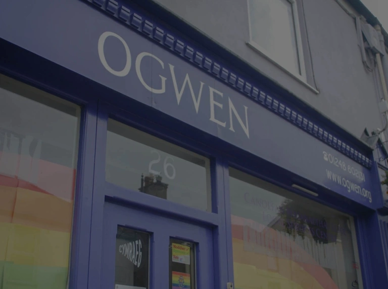 Arwydd porffor Siop Ogwen