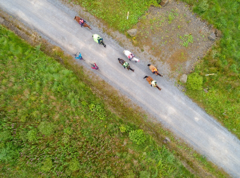 Drone shot of horses passing cycles