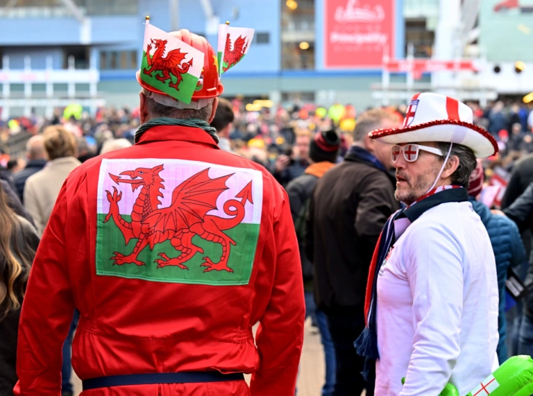 Ein Mann in walisischer Fantracht vor einem Stadion.
