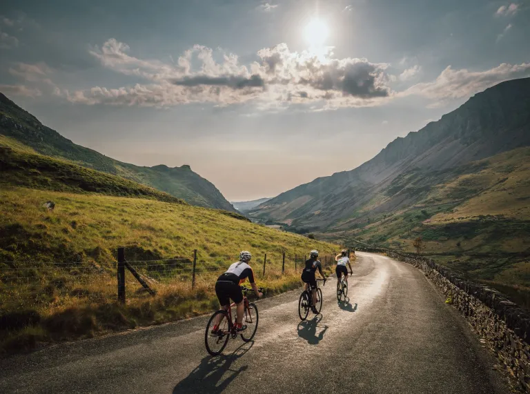 Beicwyr yn seiclo i lawr allt gyda golygfeydd o fynyddoedd