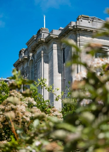 Adeilad y Llyfrgell Genedlaethol Cymru a dail o'i flaen