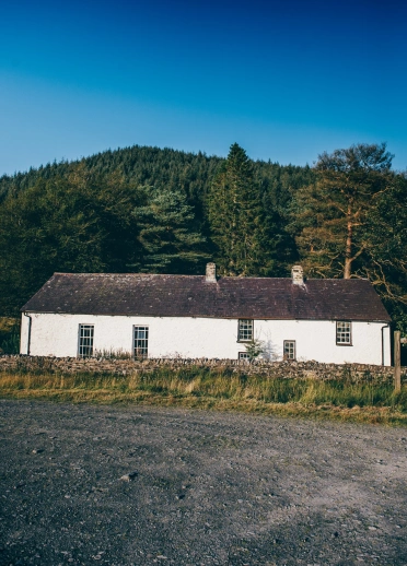 Capel wen yng nghanol y goedwig gydag awyr las yn gefndir.