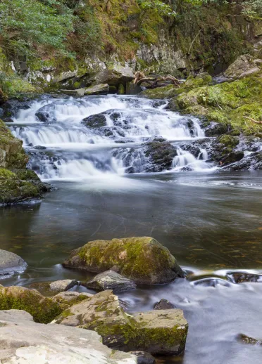 rhaeadr ac afon.