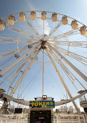 Looking up at the ferris wheel at Barry Island Pleasure park on a sunny day.