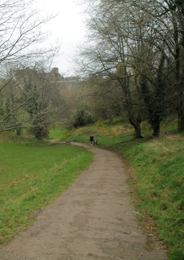 Llwybr wyneb caled trwy gae gyda choed. 