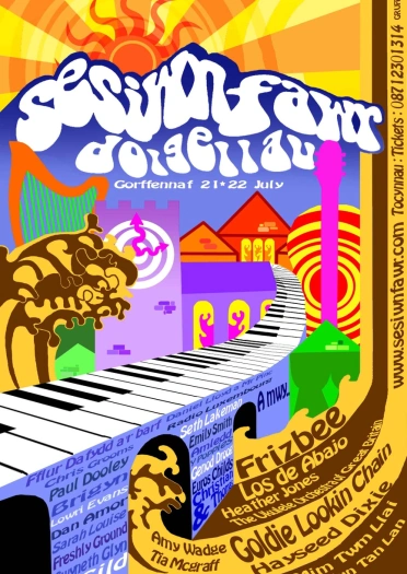 Poster Sesiwn Fawr Dolgellau 2006. Mae'r cefndir yn felyn gyda haul retro yn codi o'r ysgrifen Sesiwn Fawr. Mae llun allweddi piano ar draws canol y poster ac enwau'r band mewn tonnau melyn a brown.