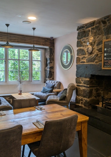 tables in restaurants and fireplace.