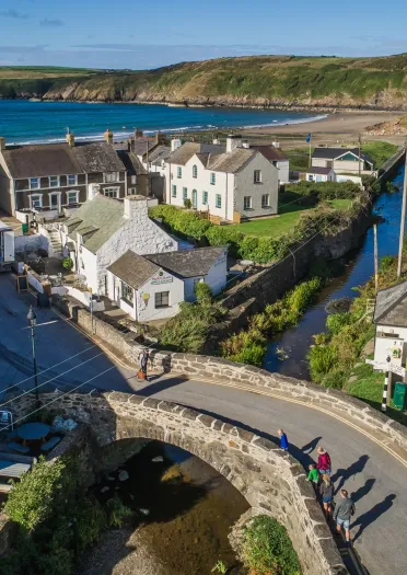 Aerial view of a seaside village.