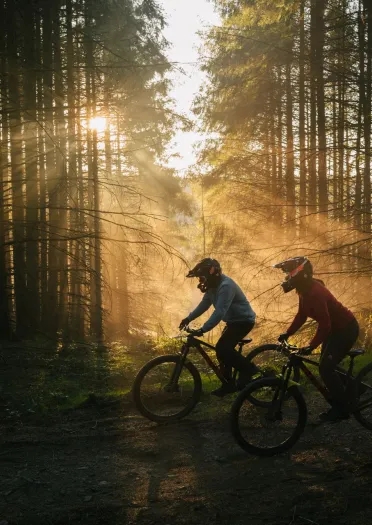 dau berson ar feiciau mynydd yn y coedwig mewn parc beiciau gyda’r haul yn disgleirio drwy’r coed.