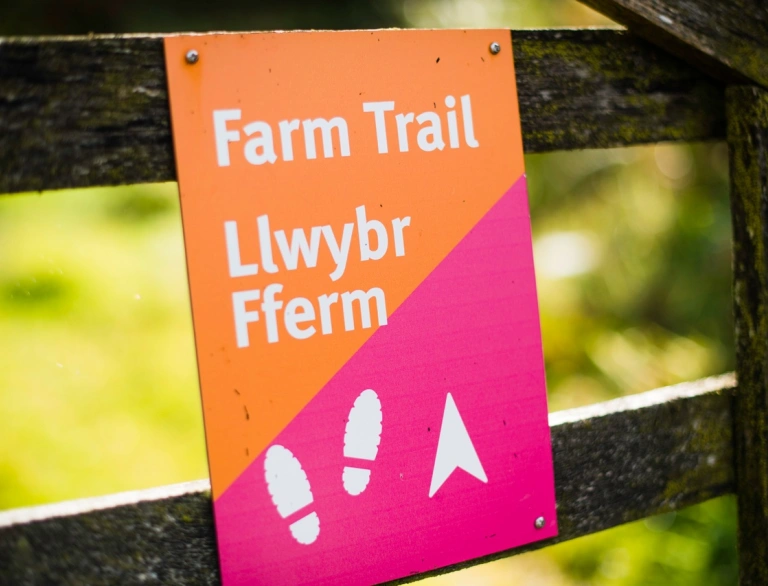 Arwydd llwybr fferm ar giât.