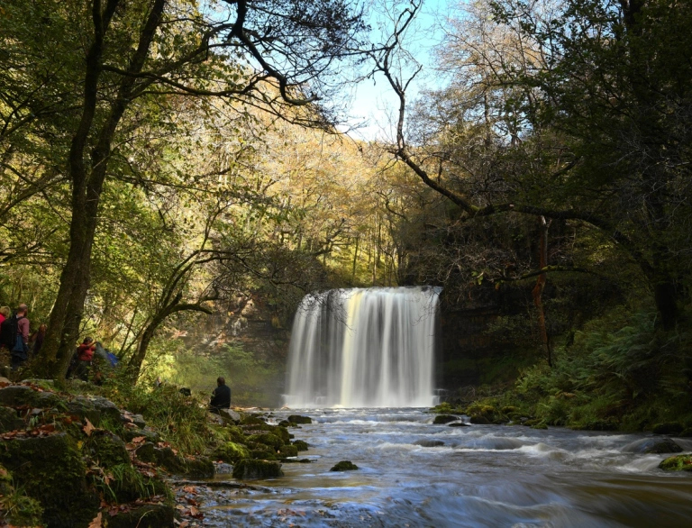 Rhaeadr wedi’i amgylchynu â choed gyda phobl yn cerdded ar lan yr afon