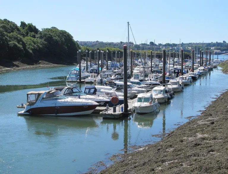 Marina gyda chychod ar ddiwrnod heulog.