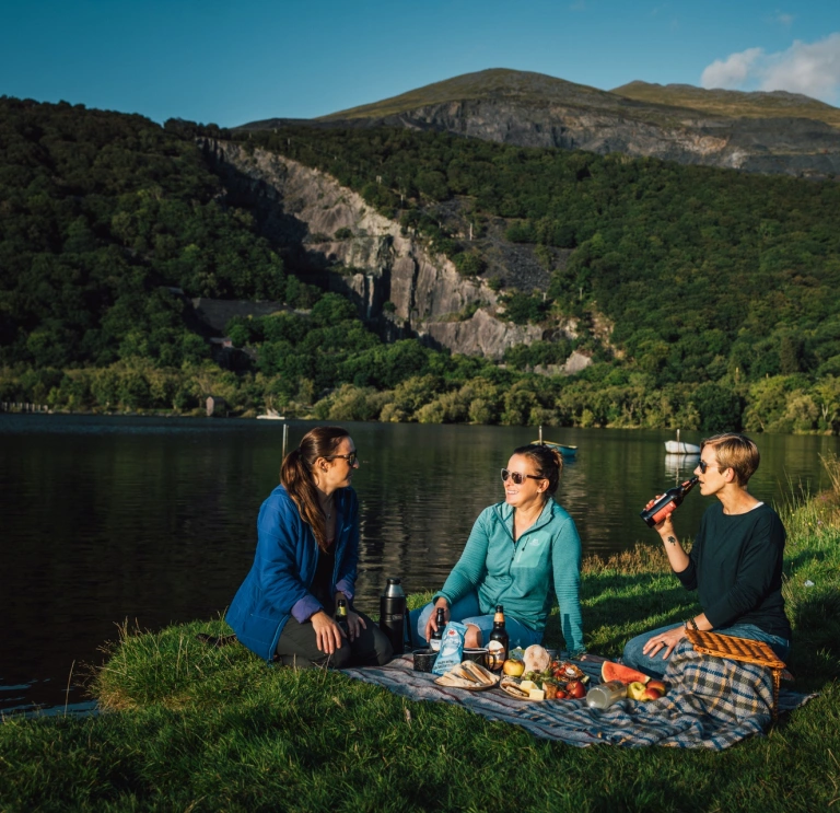 Tair menyw yn cael picnic ar lan llyn.
