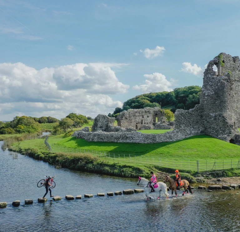 Horses crossing by Ogmore Castle
