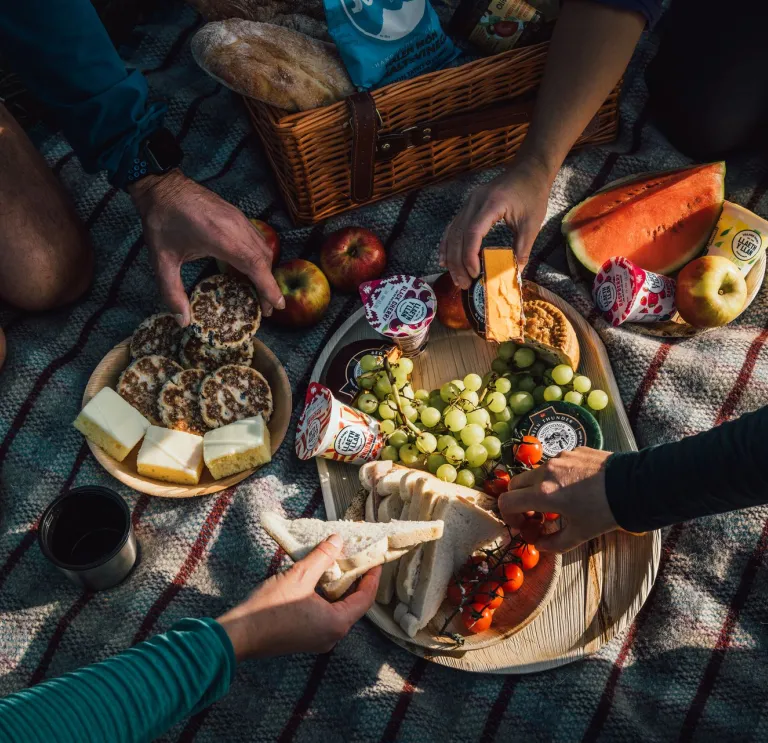 Bwyd picnic ar flanced. Ffrwythau, iogwrt a brechdan. Mae breichiau yn estyn allan am y wledd.