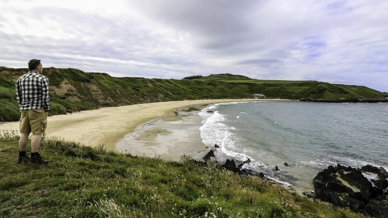 Dyn yn edrych draw ar draeth o dywod euraidd.