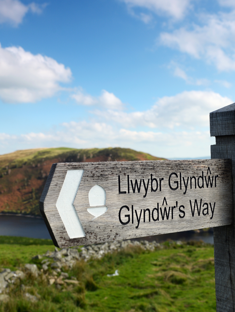 Arwydd Llwybr Glyndŵr gyda Llyn Clywedog a bryniau yn y cefndir