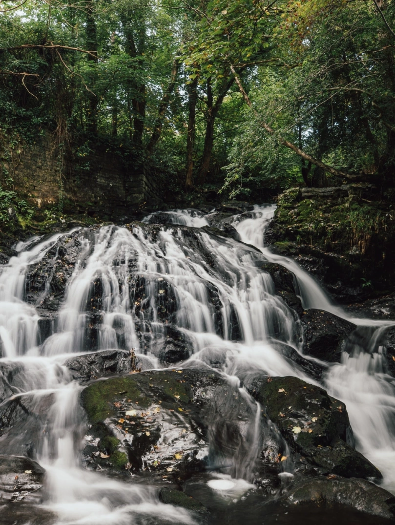 Rhaeadr yn llif llawn, gyda choed o amgylch.