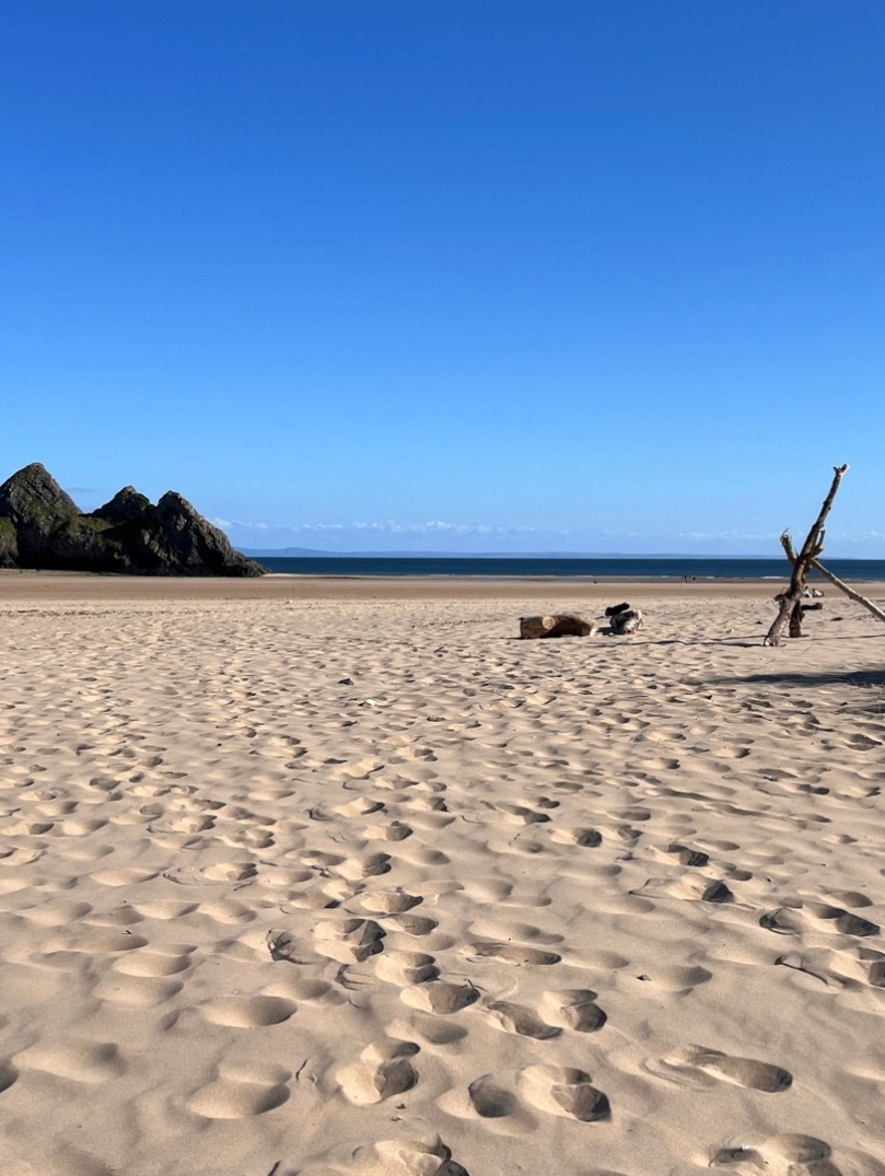 Traeth llydan, tywodlyd gyda chlogwyni wedi'u jagged un ochr a thwyni tywod y llall.