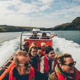 Grŵp mewn cwch cyflym yn chwilio am ddolffiniaid  