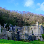 Golygfa o du allan i gastell gyda choed yn y cefndir