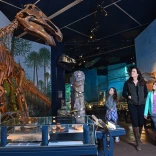 Mam a merch yn edrych ar arddangosfa deinosoriaid