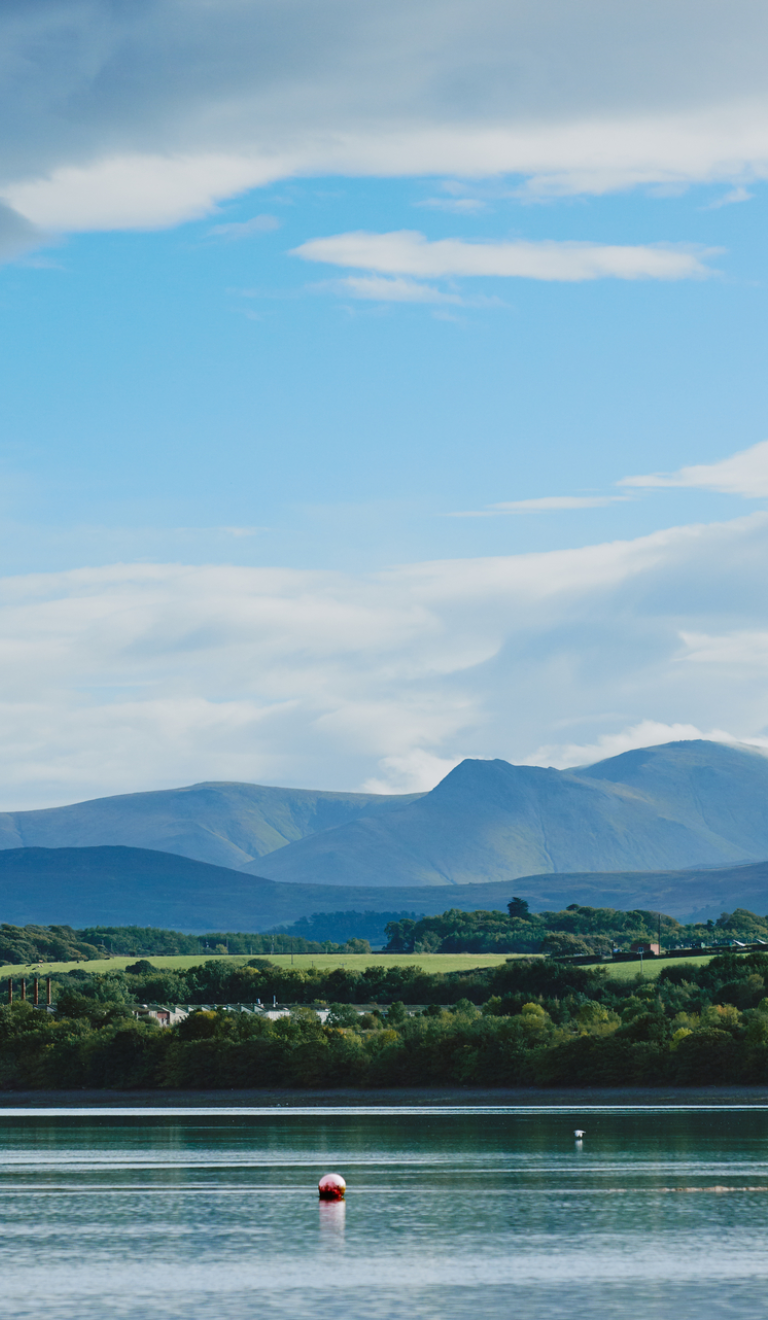 Llun o'r môr gyda choed a bryniau yn y pellter.